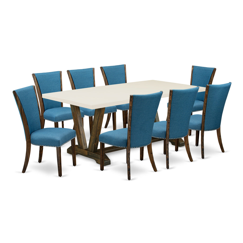 East West Furniture V727VE721-9 9 Piece Dining Set Includes a Rectangle Dining Room Table with V-Legs and 8 Blue Color Linen Fabric Upholstered Parson Chairs, 40x72 Inch, Multi-Color