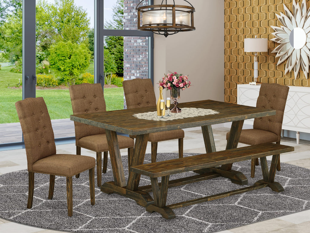 East West Furniture V777EL718-6 6-Pc dining table set-Brown Beige Linen Fabric Seat and Button Tufted Chair Back Parson Dining chairs