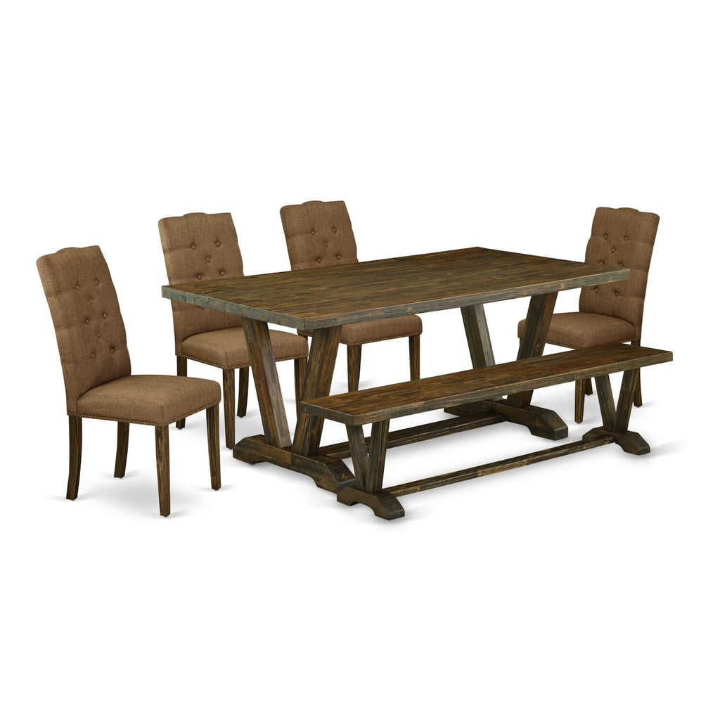 East West Furniture V777EL718-6 6-Pc dining table set-Brown Beige Linen Fabric Seat and Button Tufted Chair Back Parson Dining chairs