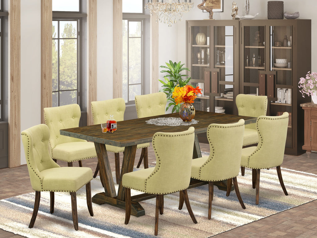 East West Furniture V777SI737-9 9 Piece Dining Room Table Set Includes a Rectangle Dining Table with V-Legs and 8 Limelight Linen Fabric Upholstered Chairs, 40x72 Inch, Multi-Color