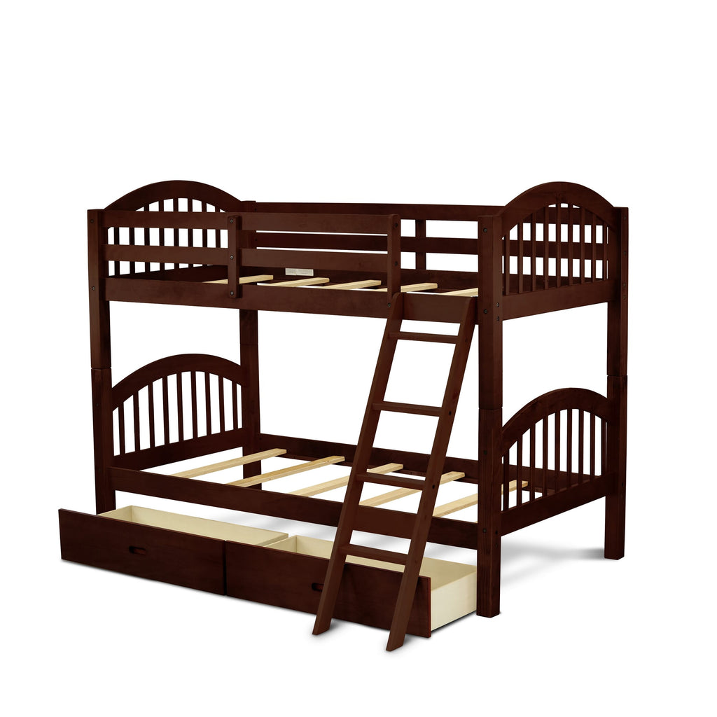 East West Furniture Verona Twin Bunk Bed in Java Finish with Under Drawer
