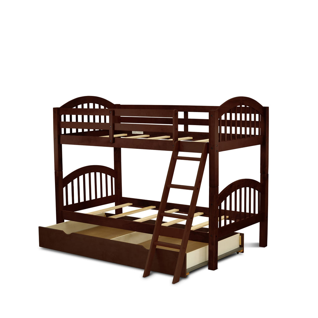 East West Furniture Verona Twin Bunk Bed in Java Finish with Convertible Trundle & Drawer