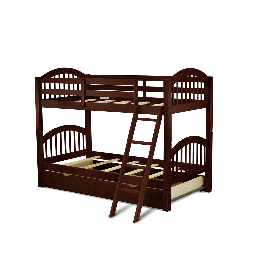 East West Furniture Verona Twin Bunk Bed in Java Finish with Convertible Trundle & Drawer