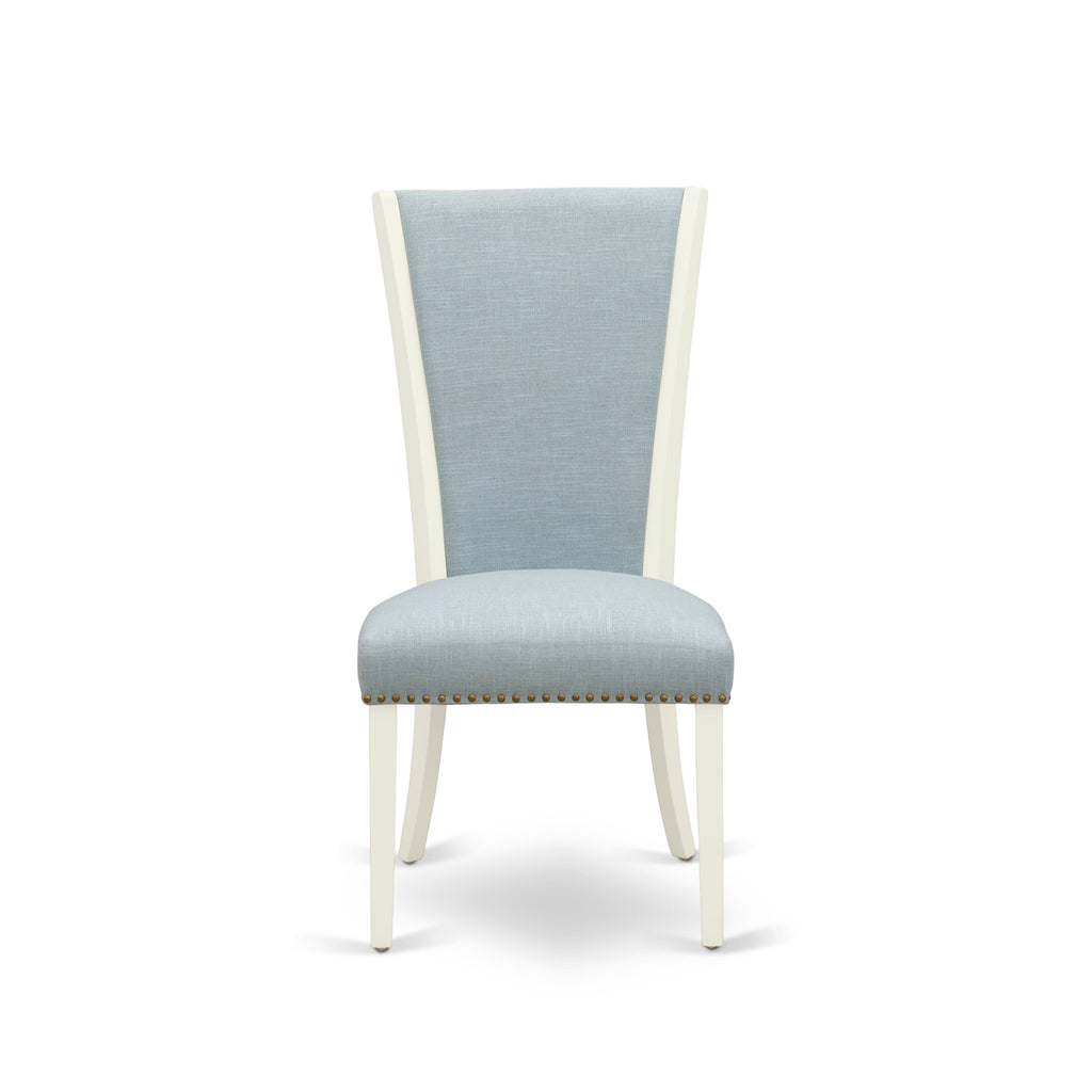 East West Furniture V027VE215-9 9 Piece Dining Room Set Includes a Rectangle Kitchen Table with V-Legs and 8 Baby Blue Linen Fabric Parsons Dining Chairs