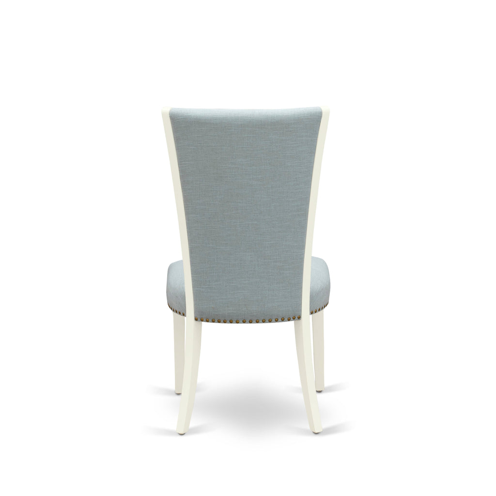 East West Furniture V027VE215-9 9 Piece Dining Room Set Includes a Rectangle Kitchen Table with V-Legs and 8 Baby Blue Linen Fabric Parsons Dining Chairs