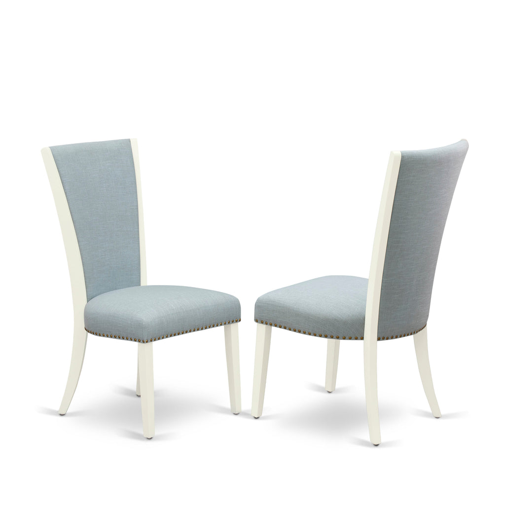 East West Furniture V027VE215-9 9 Piece Dining Room Set Includes a Rectangle Kitchen Table with V-Legs and 8 Baby Blue Linen Fabric Parsons Dining Chairs