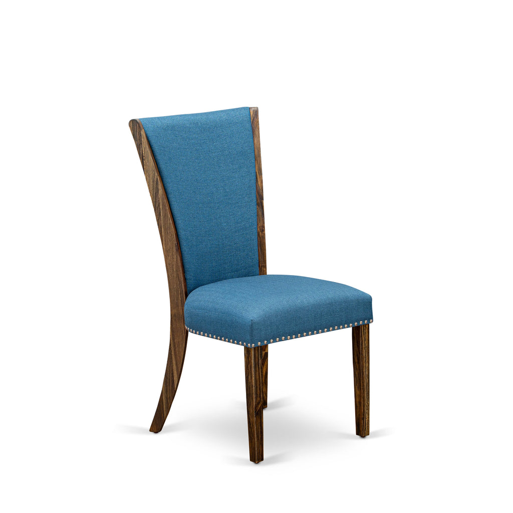 East West Furniture X776VE721-6 6 Piece Dining Room Set - 4 Blue Linen Fabric Dining Chairs with Nailheads and Distressed Jacobean Wooden Table - 1 Modern Bench - Distressed Jacobean Finish