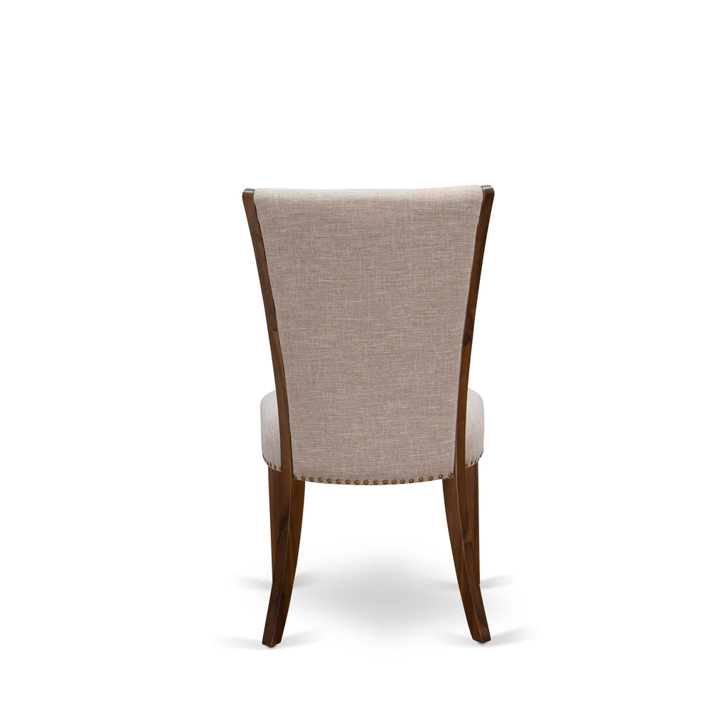 Luxe by East West Furniture NEVE7-AWA-04 7-piece Modern Dining Table Set consists of a Kitchen Table and 6 Light Tan Linen Fabric Dining Chairs with Button tufted Back - Antique Walnut Finish