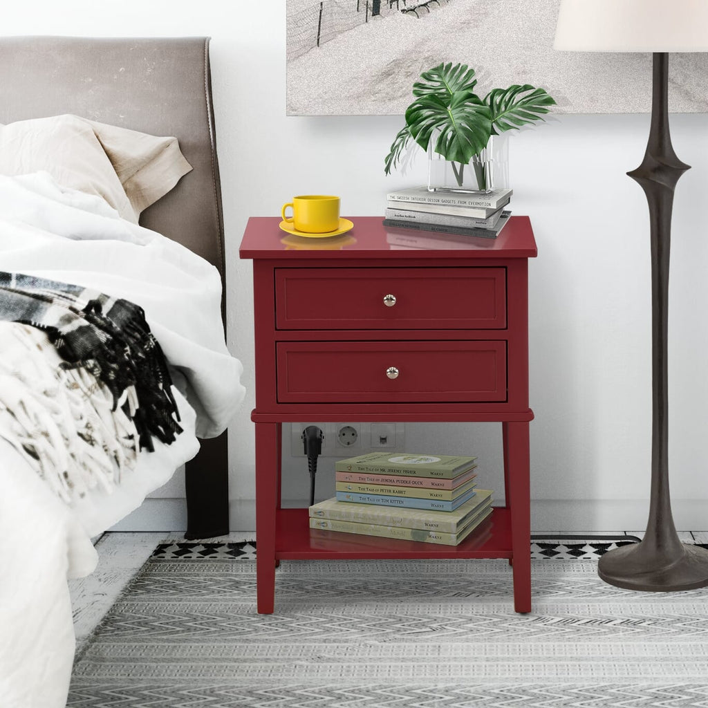 East West Furniture VL-13-ET Mid Century Modern End Table with 2 Wood Drawers for Bedroom, Stable and Sturdy Constructed - Burgundy Finish