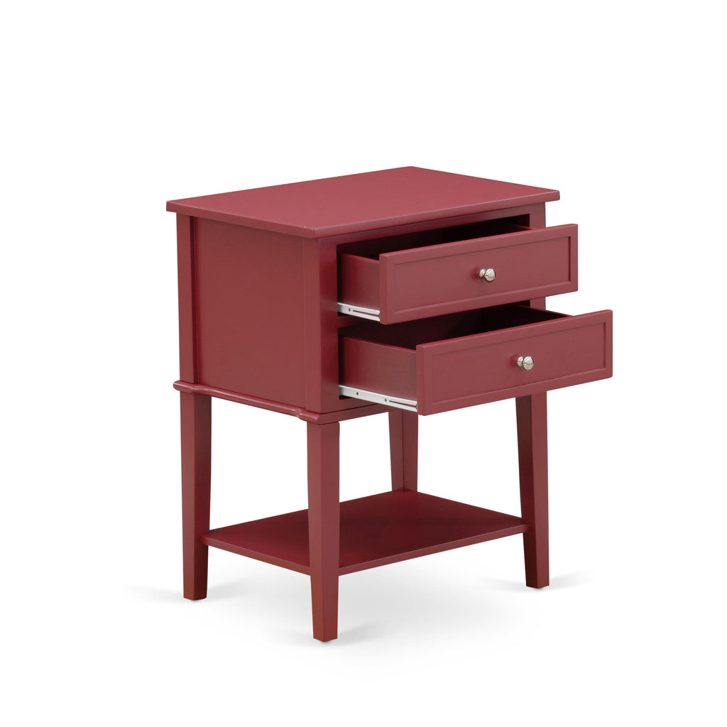 East West Furniture VL-13-ET Mid Century Modern End Table with 2 Wood Drawers for Bedroom, Stable and Sturdy Constructed - Burgundy Finish