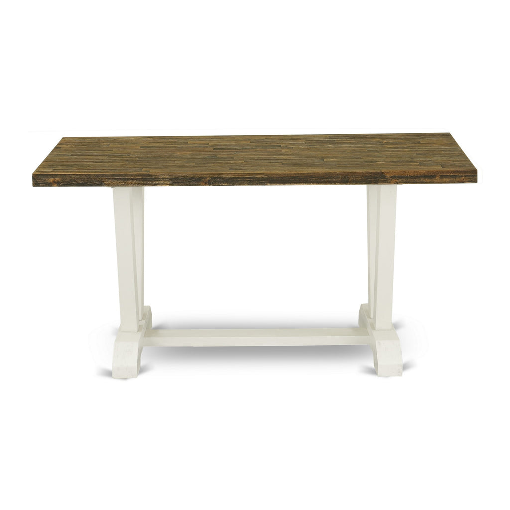 East West Furniture V076EN206-6 6-Piece Rectangular Table Set With Wood Dining Table and Wood Bench - 4 Linen Fabric kitchen chairs (linen white Finish)