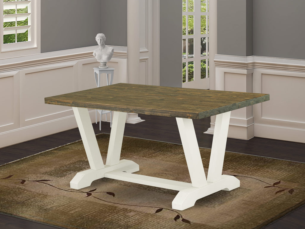 East West Furniture V076EN206-6 6-Piece Rectangular Table Set With Wood Dining Table and Wood Bench - 4 Linen Fabric kitchen chairs (linen white Finish)