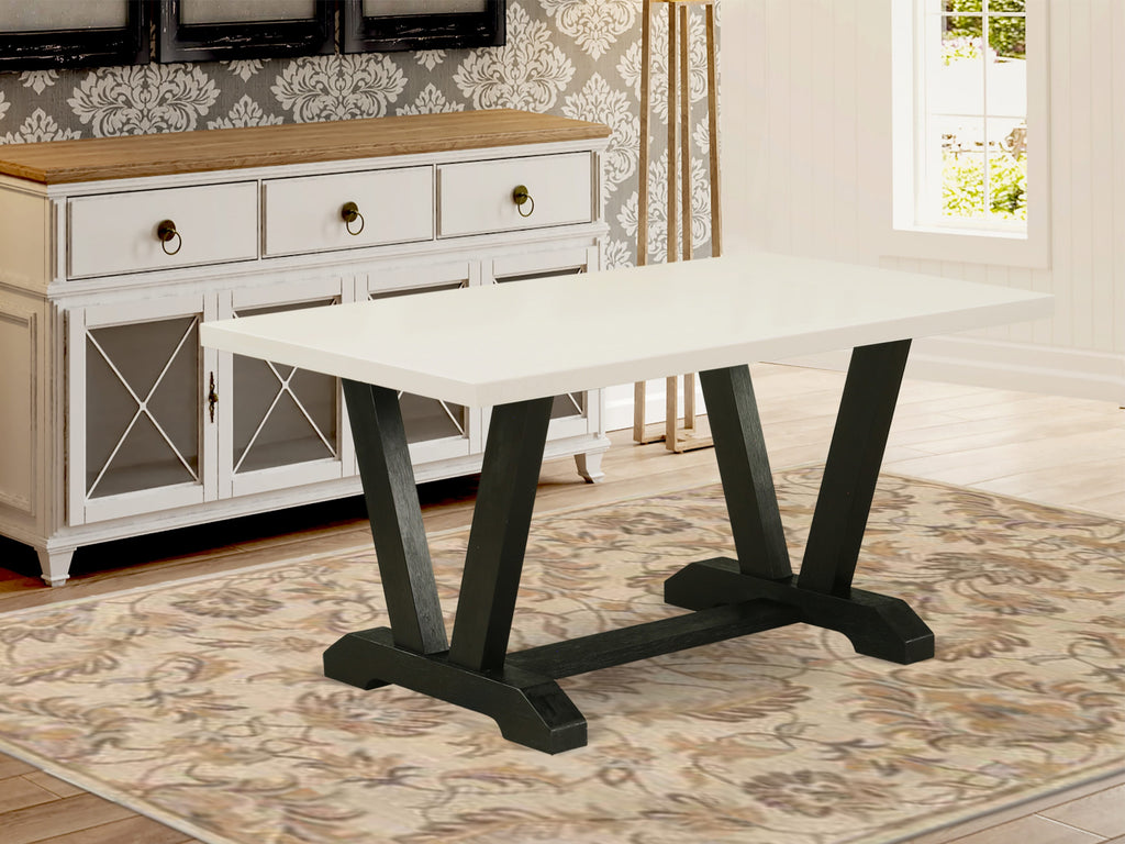 East West Furniture V626SI121-5 5-Piece Modern Dining Set- 4 Parson Chairs with Blue Linen Fabric Seat and Button Tufted Chair Back - Rectangular Table Top & Wooden Legs - Linen White and Black Finish