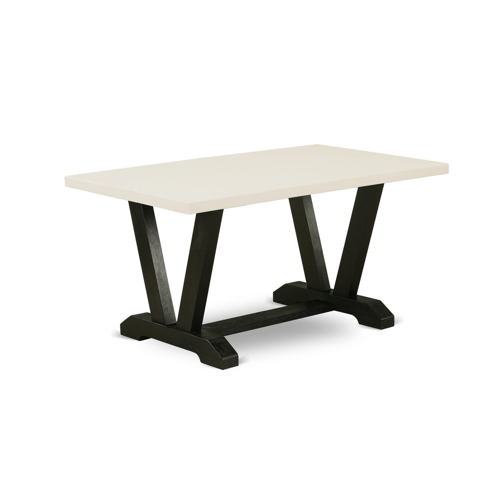 East West Furniture V626SI121-5 5-Piece Modern Dining Set- 4 Parson Chairs with Blue Linen Fabric Seat and Button Tufted Chair Back - Rectangular Table Top & Wooden Legs - Linen White and Black Finish