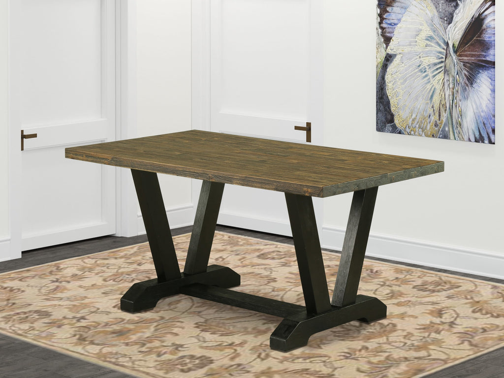 East West Furniture 6-Piece Kitchen Dining Room Set- 4 kitchen chairs with Coffee Linen Fabric Seat and Button Tufted Chair Back - Rectangular top & Wooden Legs Wood Kitchen Table and Dining Bench  Distressed Jacobean and Wire Brushed Black Finish