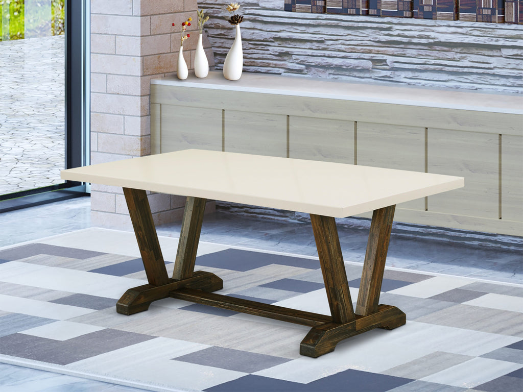 East West Furniture V727AB747-7 7 Piece Modern Dining Table Set Consist of a Rectangle Wooden Table with V-Legs and 6 Light Sable Linen Fabric Parson Dining Chairs