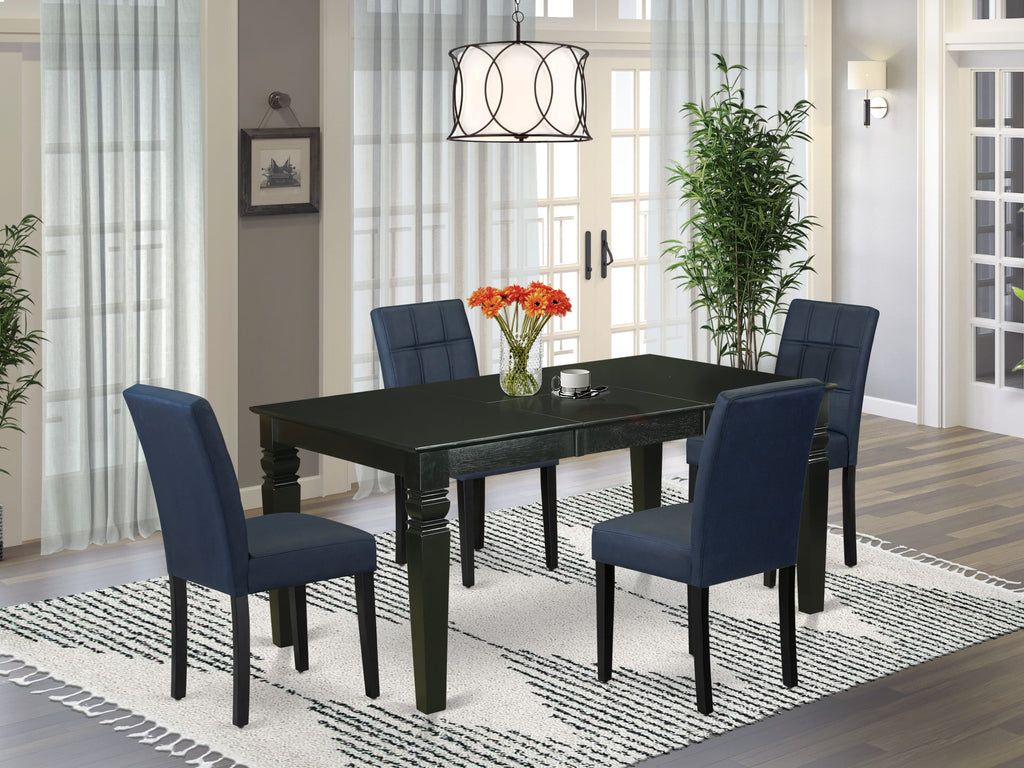 East West Furniture WEAS5-BLK-09 5 Piece Dining Table Set contain A Wooden Table and 4 Dark Navy Blue Faux Leather Modren Chairs with Stylish Back- Black Finish