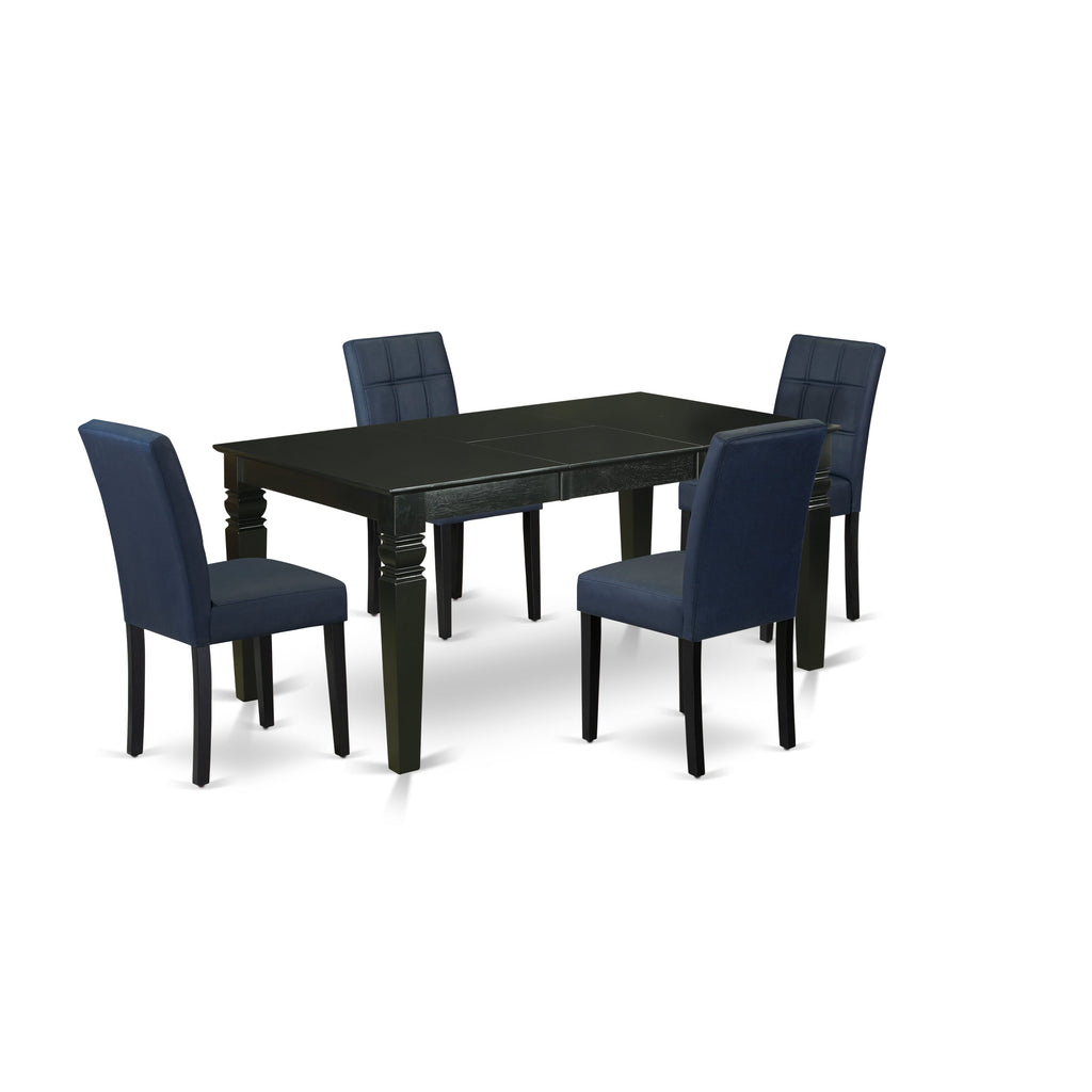 East West Furniture WEAS5-BLK-09 5 Piece Dining Table Set contain A Wooden Table and 4 Dark Navy Blue Faux Leather Modren Chairs with Stylish Back- Black Finish