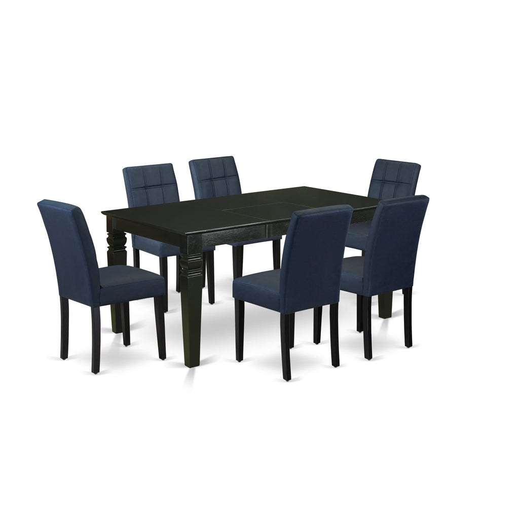 East West Furniture WEAS7-BLK-09 7 Piece Kitchen Table Set Includes A Dinner Table and 6 Dark Navy Blue Faux Leather Dining Chairs with Stylish Back- Black Finish
