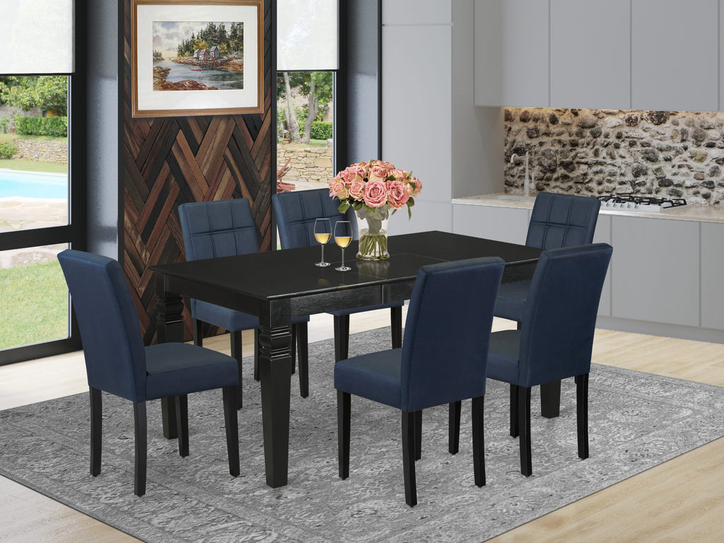 East West Furniture WEAS7-BLK-09 7 Piece Kitchen Table Set Includes A Dinner Table and 6 Dark Navy Blue Faux Leather Dining Chairs with Stylish Back- Black Finish