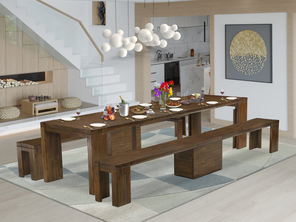 Luxe by East West Furniture X0000-208-00 - 3 Pieces Extendable Dining Set Includes 1 Extendable Kitchen Table and 2 Modern Benches, Antique Walnut.