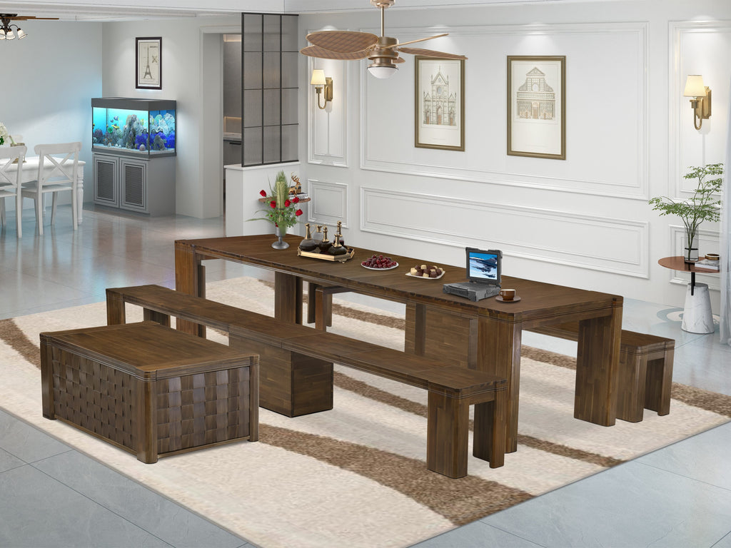 Luxe by East West Furniture X0000-2C8-00 - 4 Pieces Extendable Dining Set Includes 1 Extendable Kitchen Table, 1 Coffee Table and 2 Modern Benches, Antique Walnut.