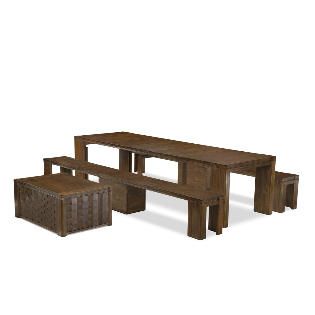 Luxe by East West Furniture X0000-2C8-00 - 4 Pieces Extendable Dining Set Includes 1 Extendable Kitchen Table, 1 Coffee Table and 2 Modern Benches, Antique Walnut.