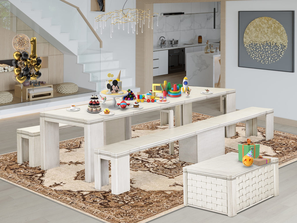 Luxe by East West Furniture X0000-2CW-00 - 4 Pieces Extendable Dining Set Includes 1 Extendable Kitchen Table, 1 Coffee Table and 2 Modern Benches, Antique White.