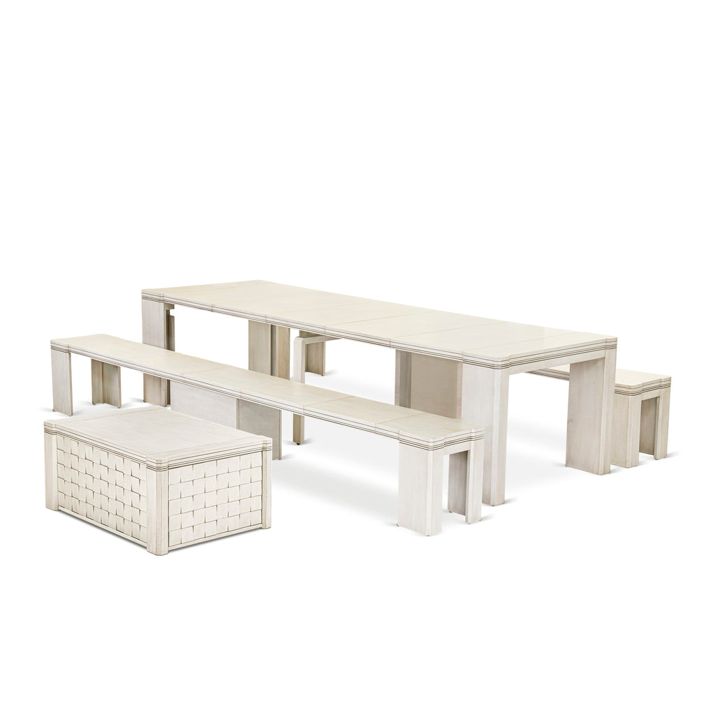 Luxe by East West Furniture X0000-2CW-00 - 4 Pieces Extendable Dining Set Includes 1 Extendable Kitchen Table, 1 Coffee Table and 2 Modern Benches, Antique White.