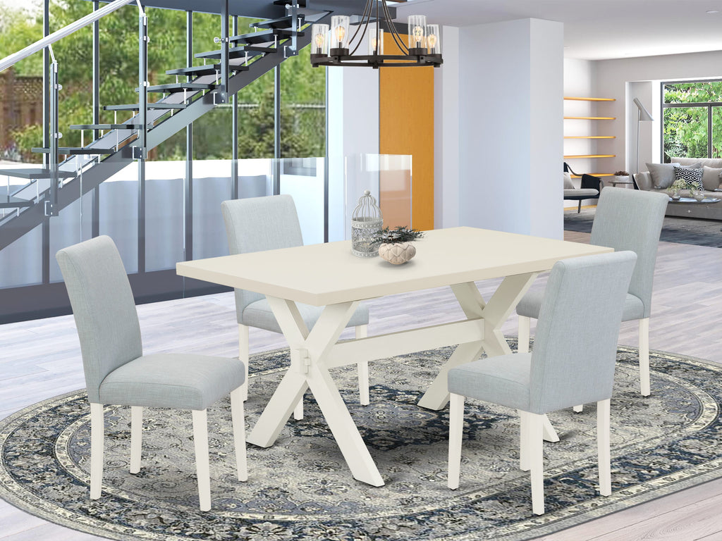 East West Furniture 5-Pc Dining Table Set Includes 4 Parson dining chairs with Upholstered Seat and High Back and a Rectangular Dining Table - Linen White Finish