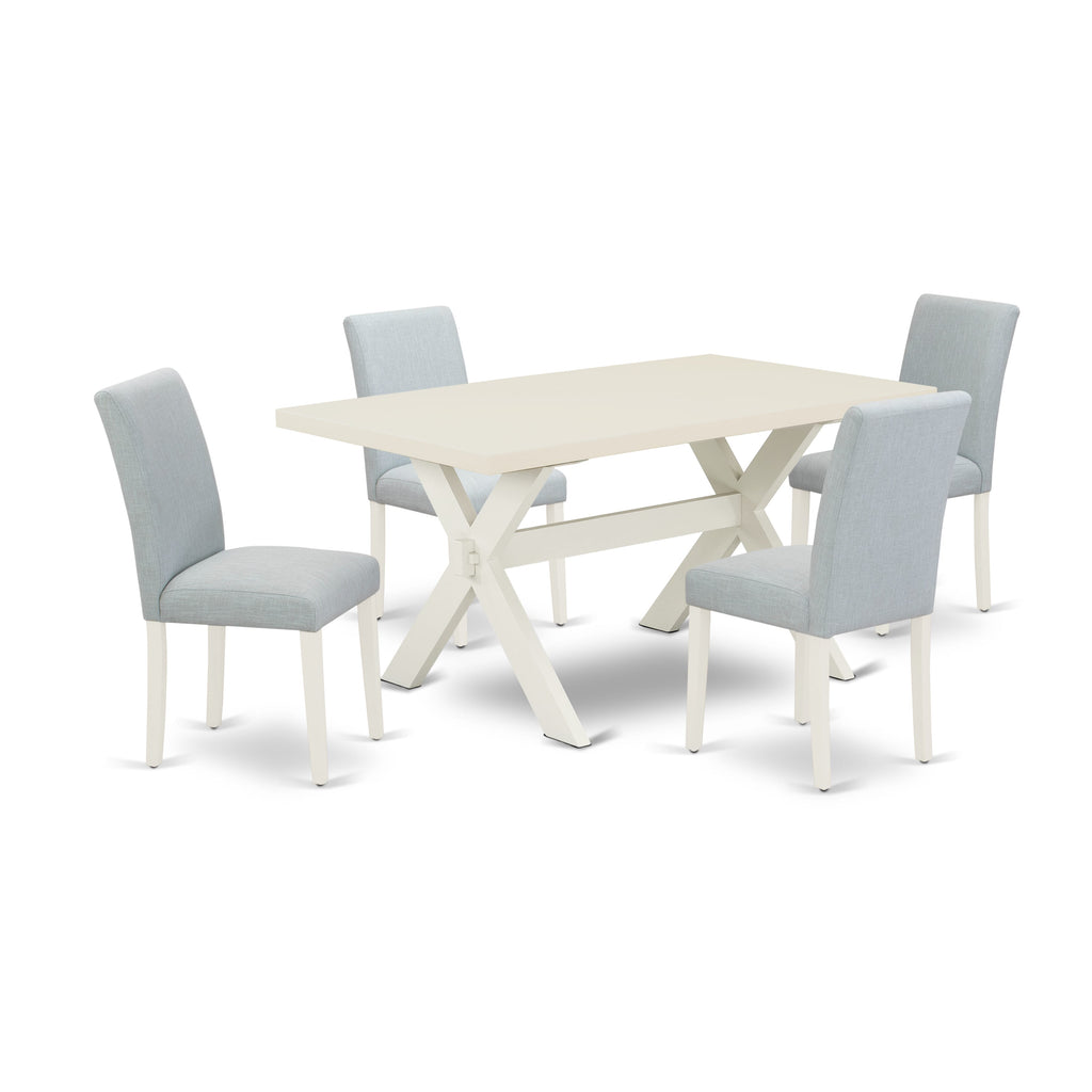 East West Furniture 5-Pc Dining Table Set Includes 4 Parson dining chairs with Upholstered Seat and High Back and a Rectangular Dining Table - Linen White Finish