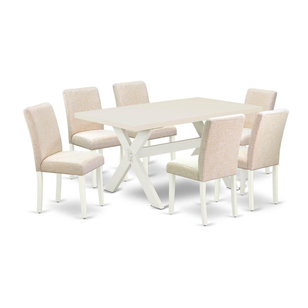 East West Furniture X026AB202-7 7 Piece Dining Room Furniture Set Consist of a Rectangle Dining Table with X-Legs and 6 Light Beige Linen Fabric Upholstered Chairs