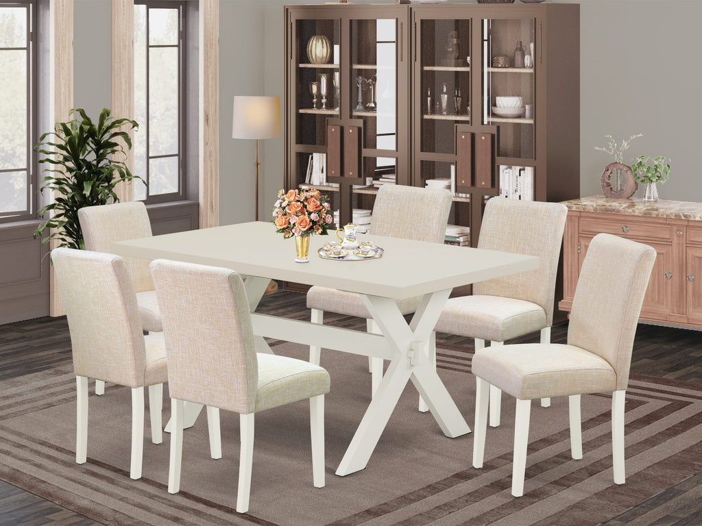 East West Furniture X026AB202-7 7 Piece Dining Room Furniture Set Consist of a Rectangle Dining Table with X-Legs and 6 Light Beige Linen Fabric Upholstered Chairs