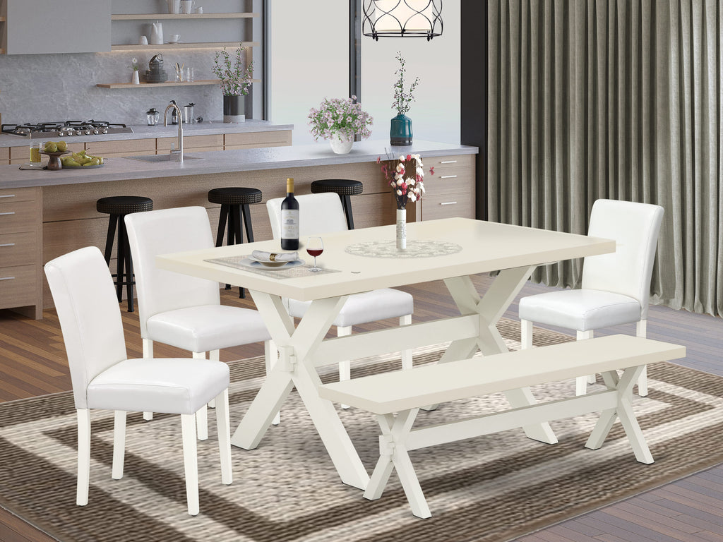 East West Furniture X026AB264-6 6 Piece Dining Table Set Contains a Rectangle Dining Room Table with X-Legs and 4 White Faux Leather Parson Chairs with a Bench