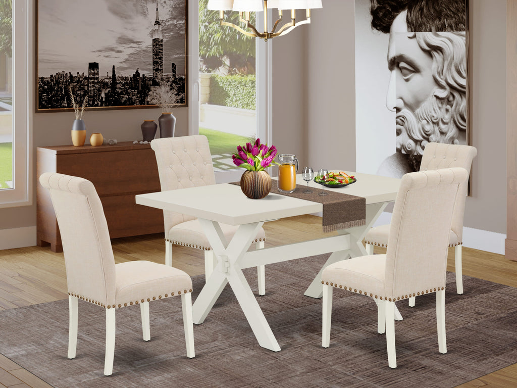 East West Furniture X026BR202-5 5 Piece Dining Room Table Set Includes a Rectangle Dining Table with X-Legs and 4 Light Beige Linen Fabric Upholstered Chairs, 36x60 Inch, Multi-Color
