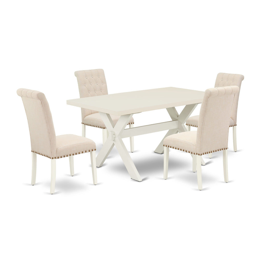 East West Furniture X026BR202-5 5 Piece Dining Room Table Set Includes a Rectangle Dining Table with X-Legs and 4 Light Beige Linen Fabric Upholstered Chairs, 36x60 Inch, Multi-Color