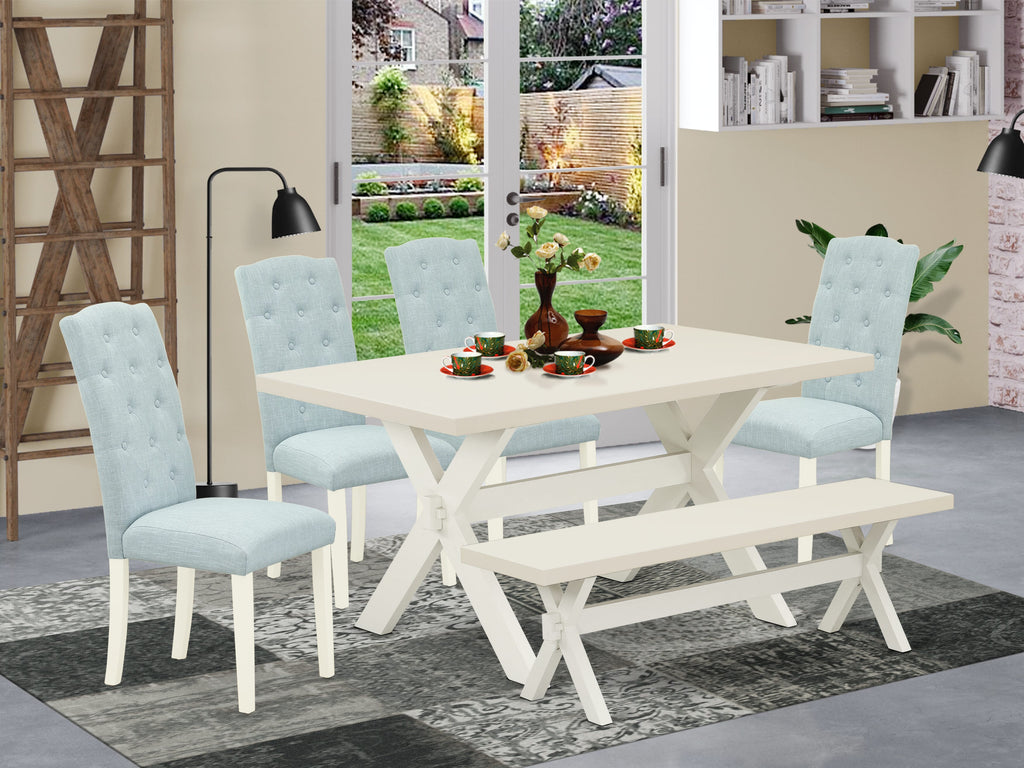 East West Furniture 6-Piece -Baby Blue Linen Fabric Seat and Button Tufted Chair Back Kitchen chairs
