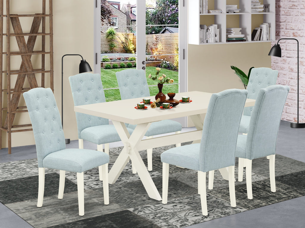 East West Furniture X026CE215-7 7 Piece Dining Set Consist of a Rectangle Dining Room Table with X-Legs and 6 Baby Blue Linen Fabric Upholstered Parson Chairs, 36x60 Inch, Multi-Color