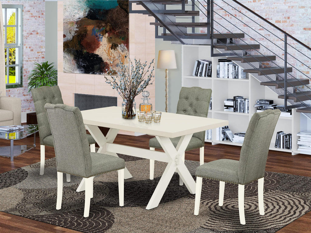 East West Furniture X026EL207-5 5 Piece Dining Set Includes a Rectangle Dining Room Table with X-Legs and 4 Gray Linen Fabric Upholstered Chairs, 36x60 Inch, Multi-Color