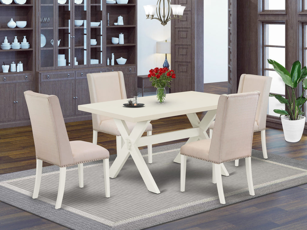 East West Furniture X026FL201-5 5 Piece Dinette Set for 4 Includes a Rectangle Dining Room Table with X-Legs and 4 Cream Linen Fabric Parson Dining Chairs