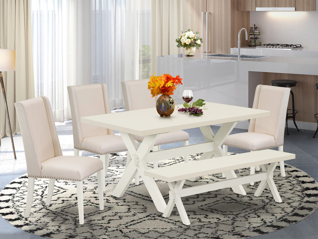 East West Furniture 6-Piece Gorgeous kitchen table set a Superb Linen White Wood Dining Table Top and Linen White Dining Room Bench and 4 Lovely Linen Fabric Dining Chairs with Nail Heads and Stylish Chair Back