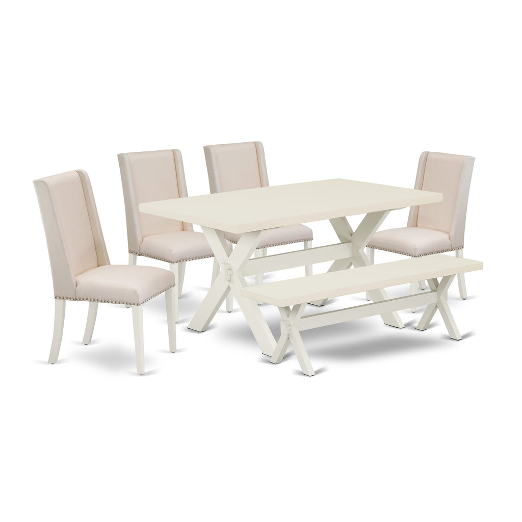 East West Furniture 6-Piece Gorgeous kitchen table set a Superb Linen White Wood Dining Table Top and Linen White Dining Room Bench and 4 Lovely Linen Fabric Dining Chairs with Nail Heads and Stylish Chair Back