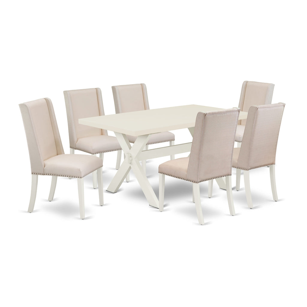 East West Furniture X026FL201-7 7 Piece Kitchen Table & Chairs Set Consist of a Rectangle Dining Room Table with X-Legs and 6 Cream Linen Fabric Upholstered Chairs