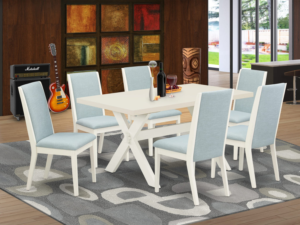 East West Furniture X026LA015-7 7Pc Dinette Set Includes a Wood Table and 6 Upholstered Dining Chairs with Baby Blue Color Linen Fabric