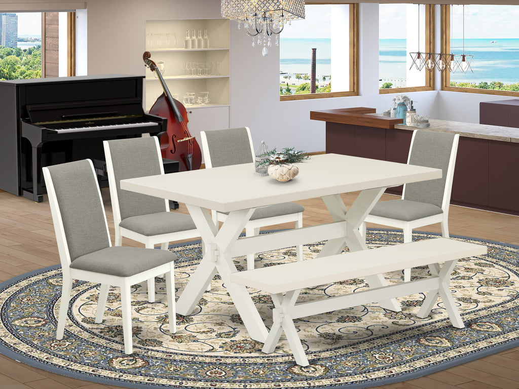 East West Furniture X026LA206-6 6 Piece Kitchen Table Set Contains a Rectangle Dining Table with X-Legs and 4 Shitake Linen Fabric Parson Chairs with a Bench, 36x60 Inch, Multi-Color