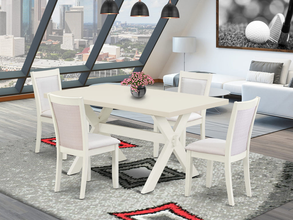 East West Furniture X026MZ001-5 5 Piece Dining Set Includes a Rectangle Dining Room Table with X-Legs and 4 Cream Linen Fabric Upholstered Parson Chairs, 36x60 Inch, Multi-Color