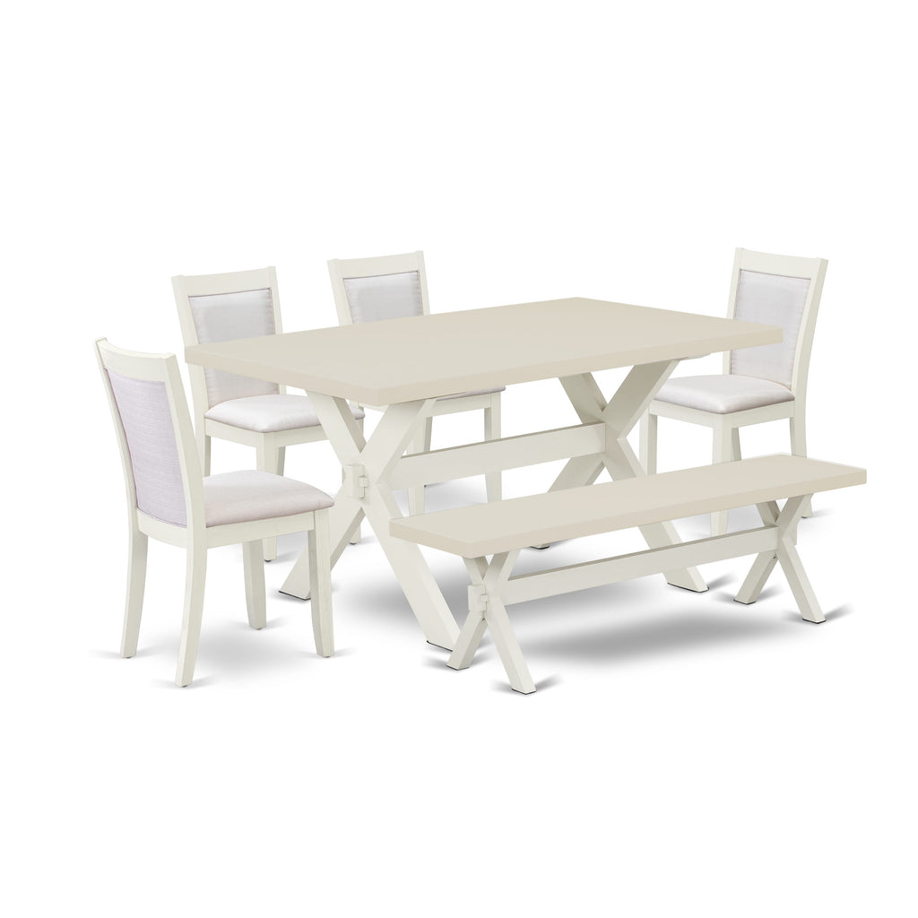 East West Furniture X026MZ001-6 6 Piece Dining Room Table Set Contains a Rectangle Dining Table with X-Legs and 4 Cream Linen Fabric Parson Chairs with a Bench, 36x60 Inch, Multi-Color