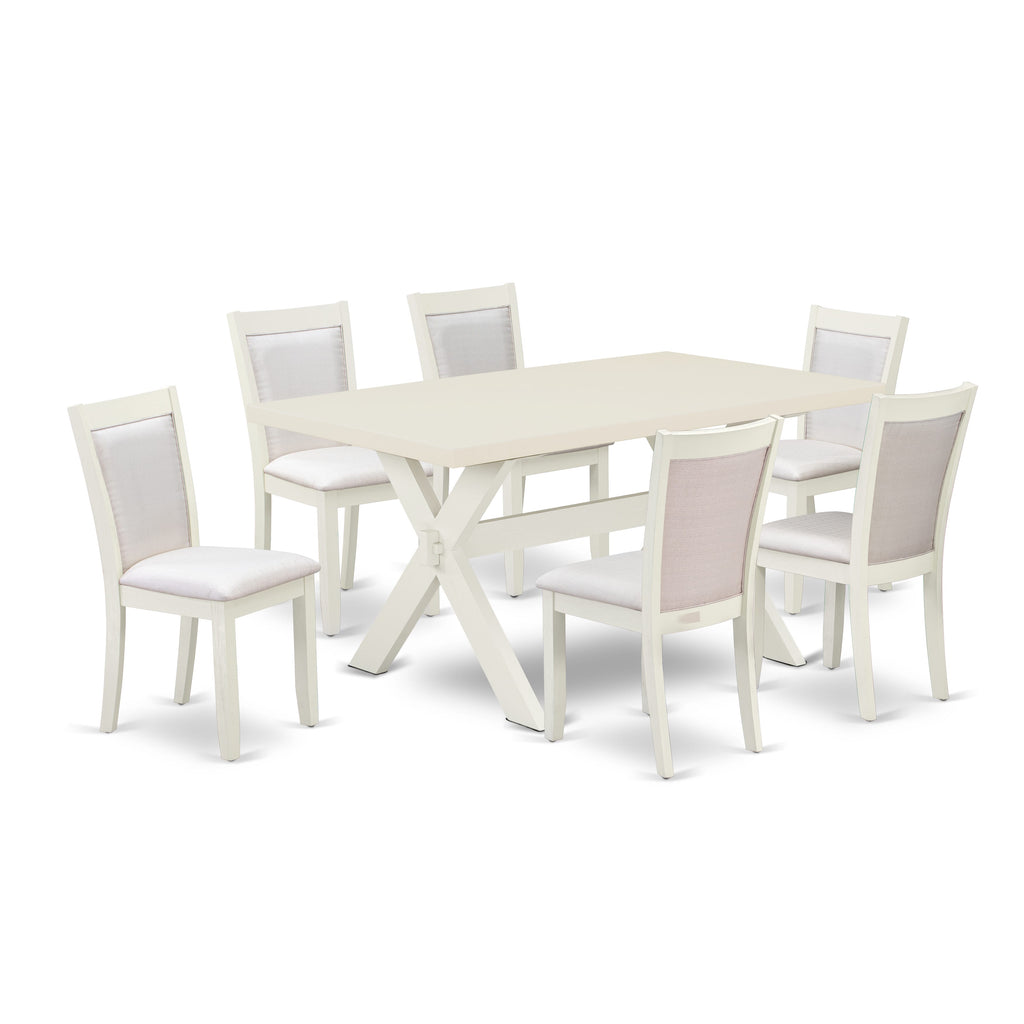 East West Furniture X026MZ001-7 7 Piece Kitchen Table Set Consist of a Rectangle Dining Table with X-Legs and 6 Cream Linen Fabric Parson Dining Chairs, 36x60 Inch, Multi-Color