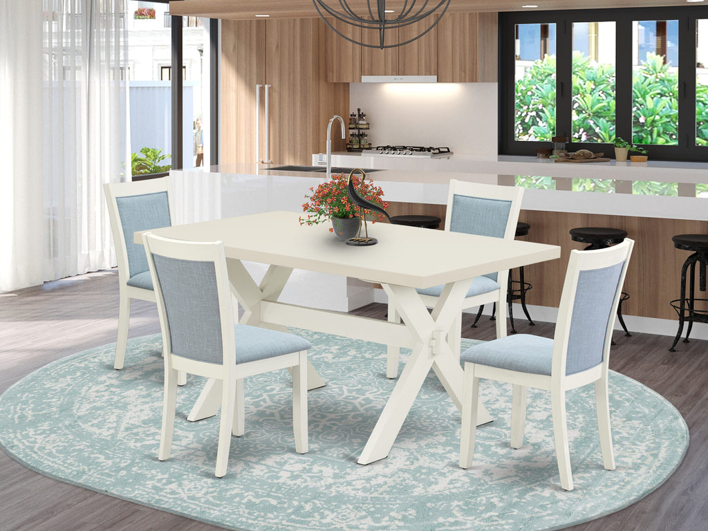 East West Furniture X026MZ015-5 5 Piece Kitchen Table Set for 4 Includes a Rectangle Dining Table with X-Legs and 4 Baby Blue Linen Fabric Parson Dining Chairs, 36x60 Inch, Multi-Color