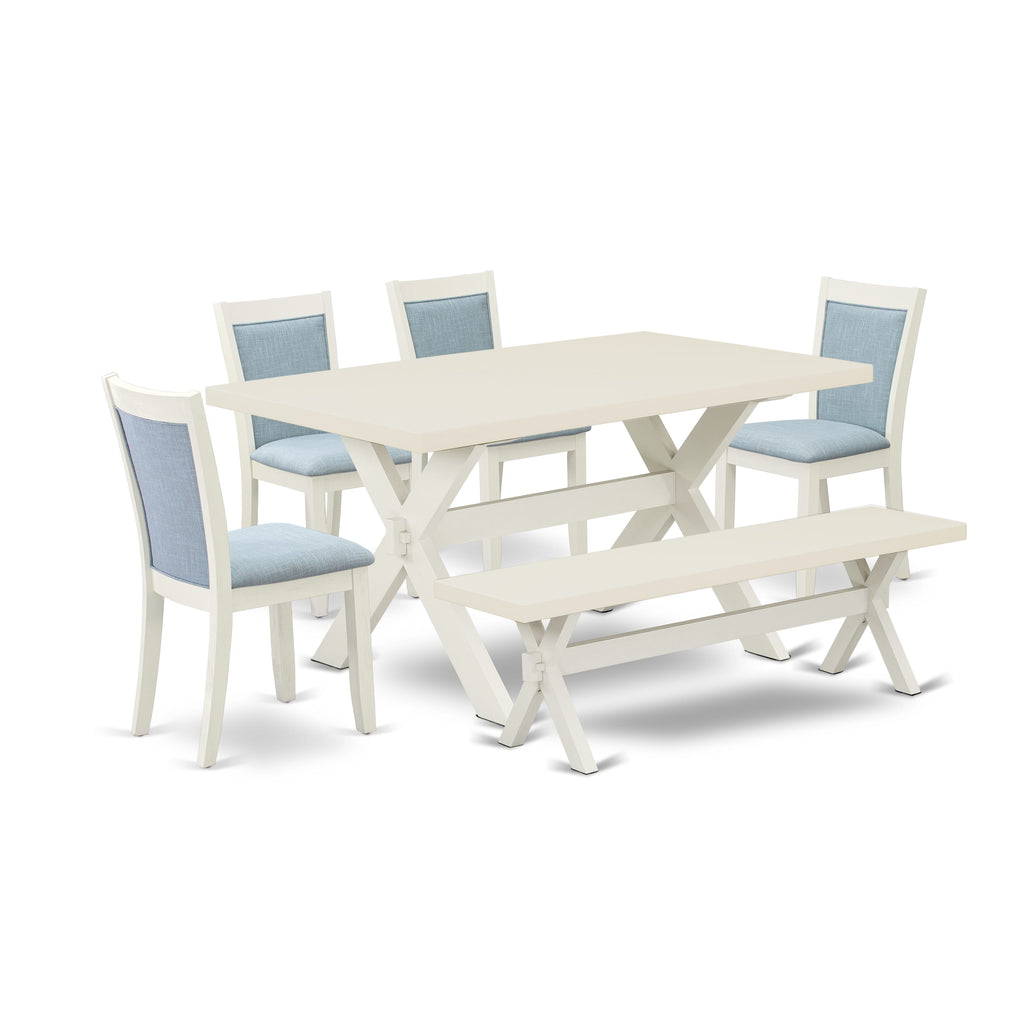 East West Furniture X026MZ015-6 6 Piece Dining Room Table Set Contains a Rectangle Kitchen Table with X-Legs and 4 Baby Blue Linen Fabric Parson Chairs with a Bench, 36x60 Inch, Multi-Color